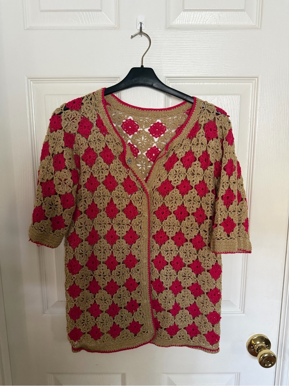 Vintage Handmade Crochet Cardigan Gold Metallic Pink Diamond Open Knit Top